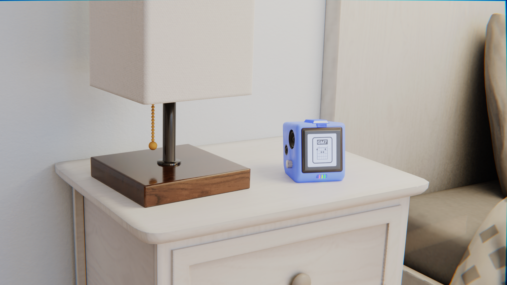 Practice Bud-E on a nightstand in a realistic room setting
