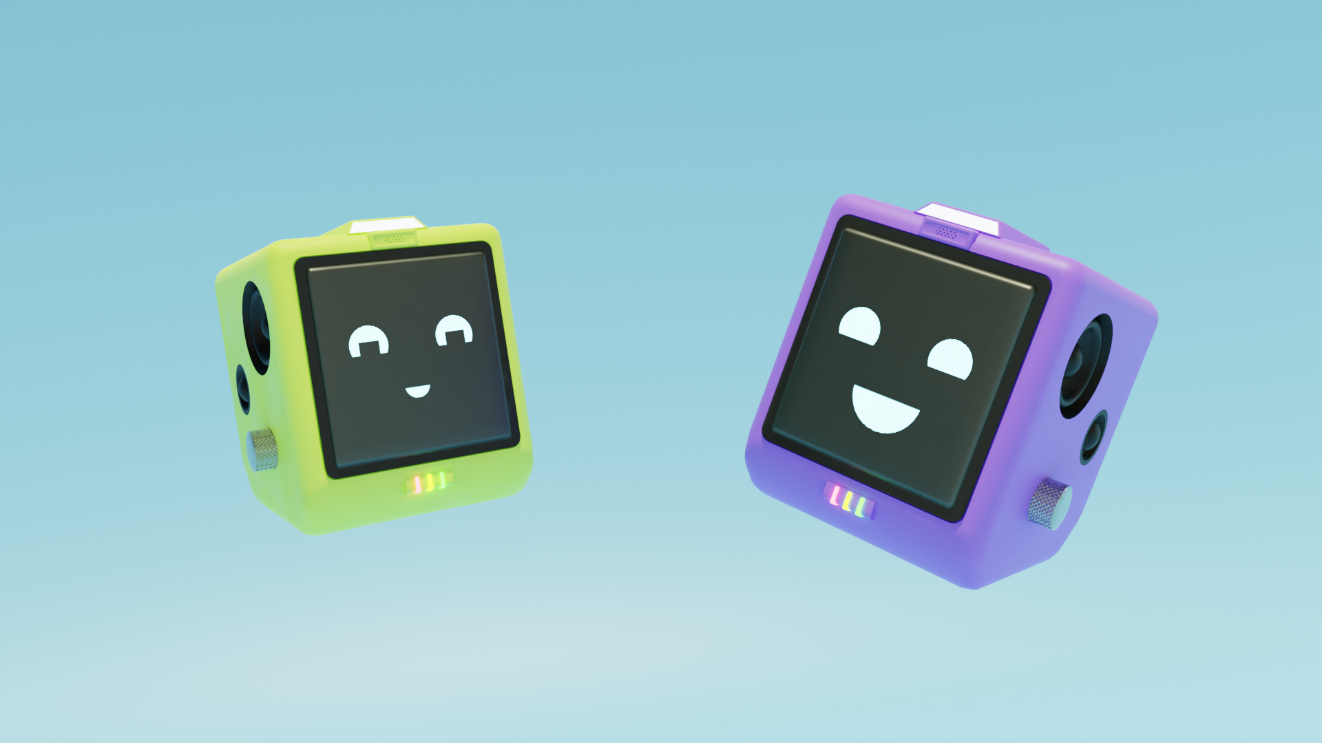 3D renders of Practice Bud-E in green and purple