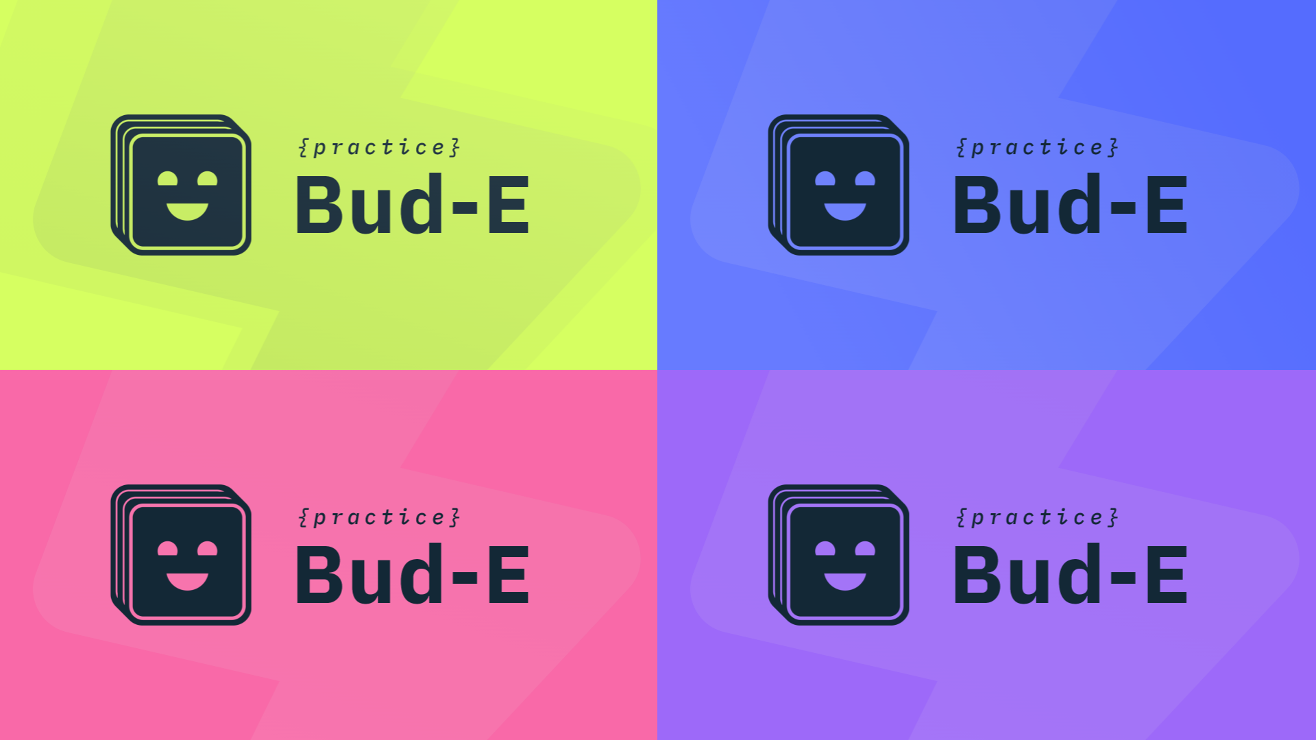 Bud-E logo lockups across four colour backgrounds
