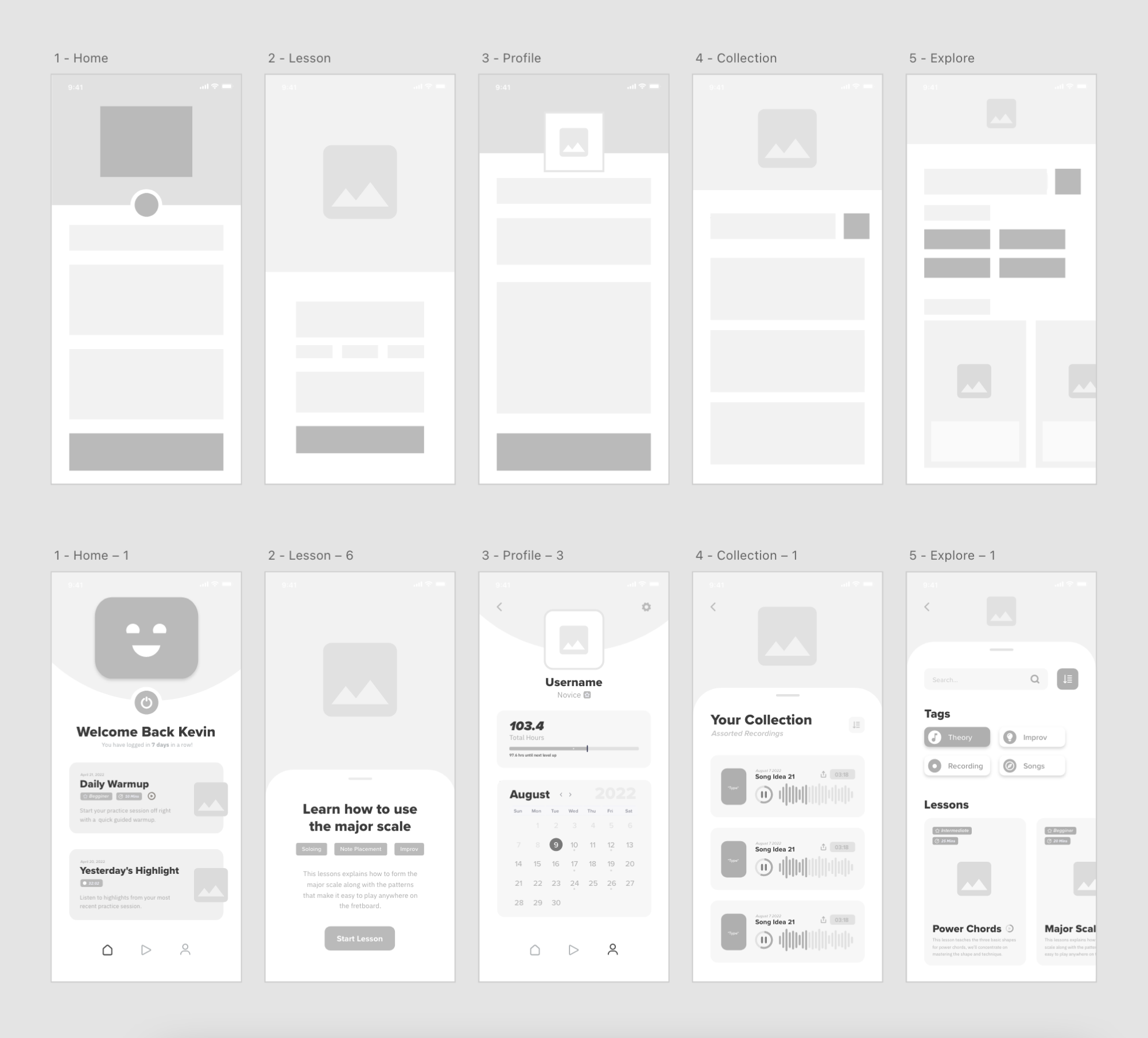 Low fidelity wireframes for the companion app