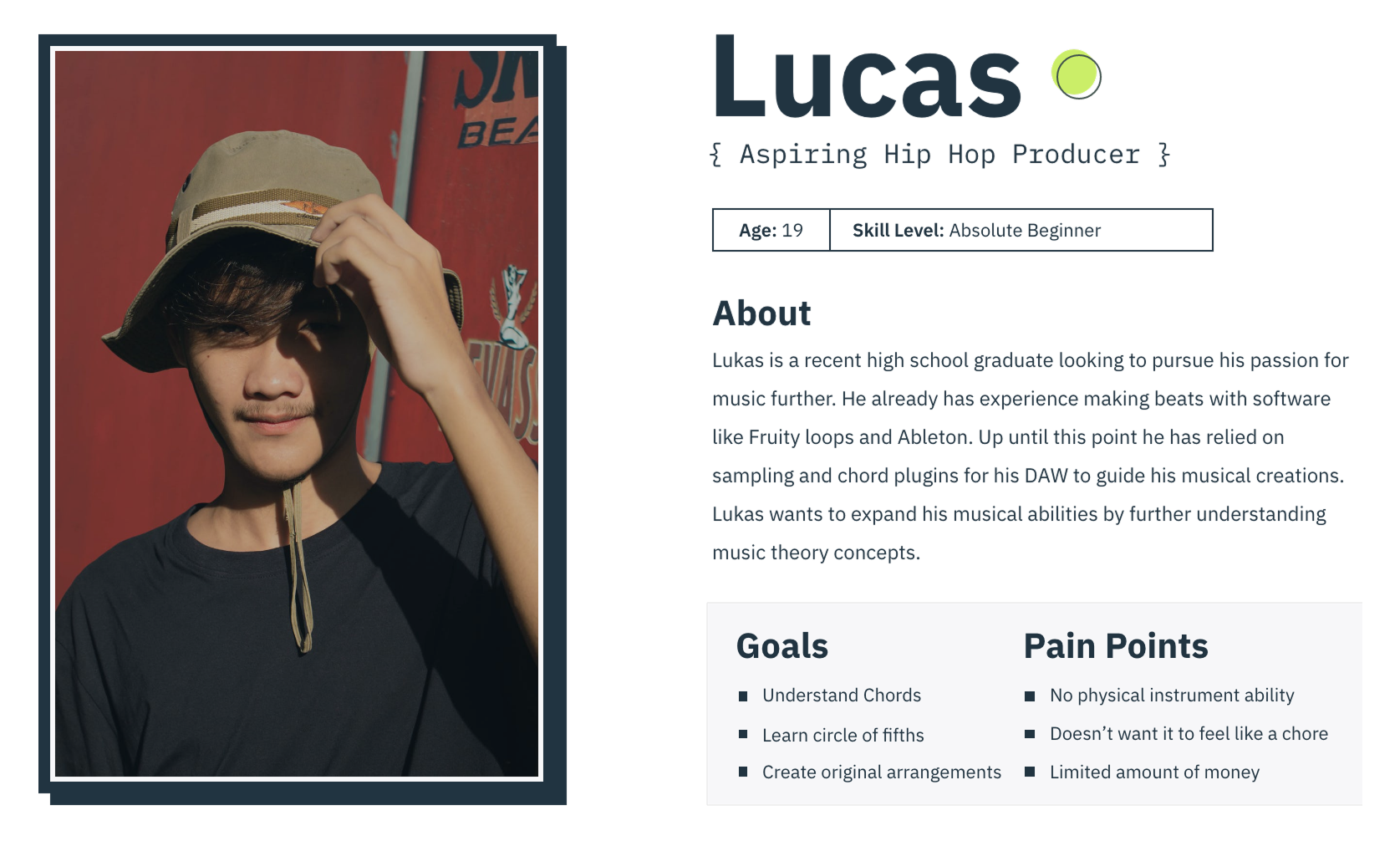 User persona: Lucas, aspiring hip hop producer
